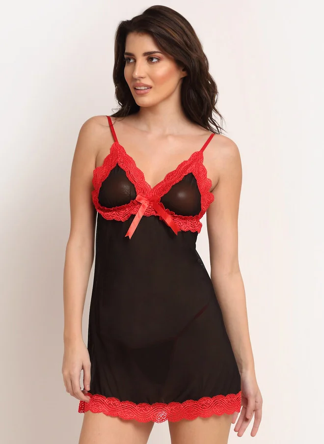 Laceandme Laceandme Black & Red Solid Baby Doll with Briefs